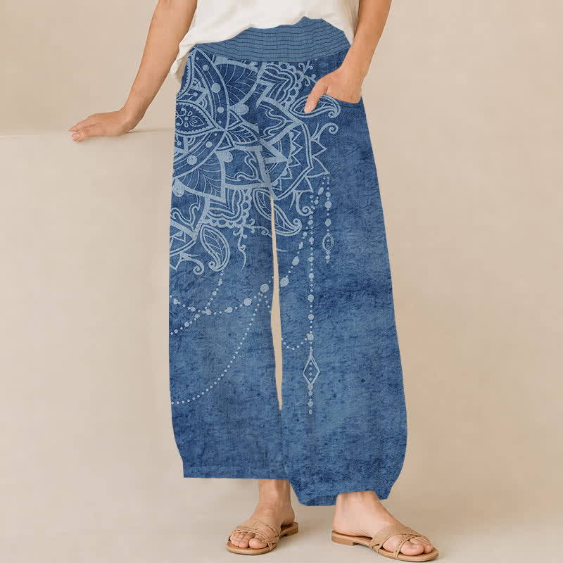 Buddha Stones Boho-Haremshose aus Baumwolle mit Mandala-Perlenmuster, Falten und elastischem Bund, Taschen - SteelBlue - US16, UK/AU20, EU48 (3XL) - image 10