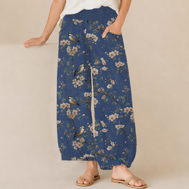 Buddha Stones Baumwoll-Haremshose für Damen mit Vintage-Blumen- und Vogelmuster, Falten, elastischem Bund und Taschen - SteelBlue - US16, UK/AU20, EU48 (3XL) - image 0
