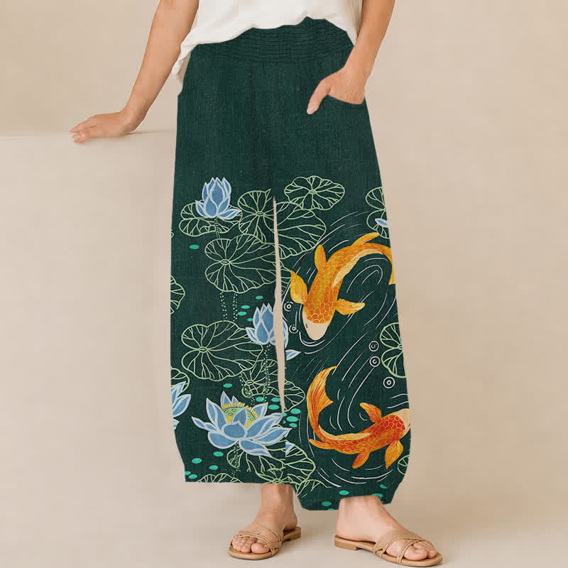 Buddha Stones Baumwoll-Haremshose für Damen mit Aquarell-Lotus-Koi-Muster, Faltenbund und Taschen - Dunkelgrau - US16, UK/AU20, EU48 (3XL) - image 0