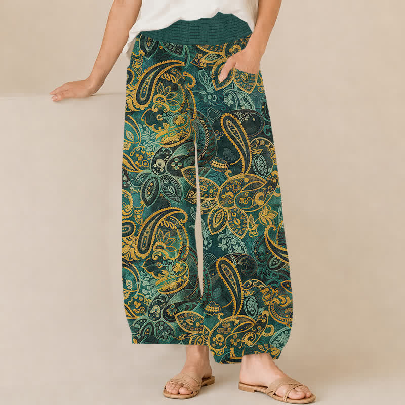 Buddha Stones Baumwoll-Haremshose im Vintage-Paisley-Blumenmuster mit Falten, elastischem Bund und Taschen für Damen - Türkis - US16, UK/AU20, EU48 (3XL) - image 0