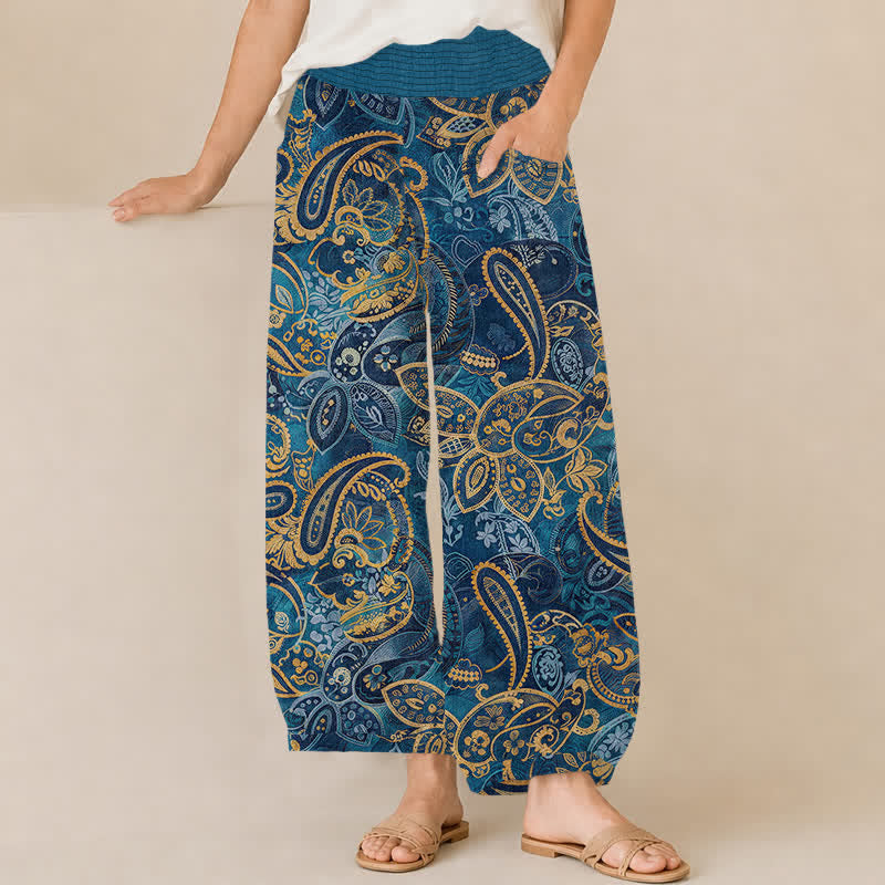 Buddha Stones Baumwoll-Haremshose im Vintage-Paisley-Blumenmuster mit Falten, elastischem Bund und Taschen für Damen - SteelBlue - US16, UK/AU20, EU48 (3XL) - image 6