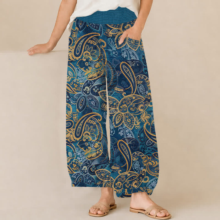Buddha Stones Baumwoll-Haremshose im Vintage-Paisley-Blumenmuster mit Falten, elastischem Bund und Taschen für Damen - SteelBlue - US16, UK/AU20, EU48 (3XL) - image 6