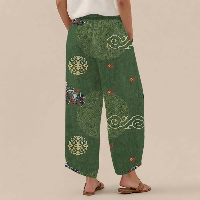 Buddha Stones Baumwoll-Haremshose im Vintage-Stil mit Drachen-Totem-Muster, Falten, elastischem Bund und Taschen - image 2