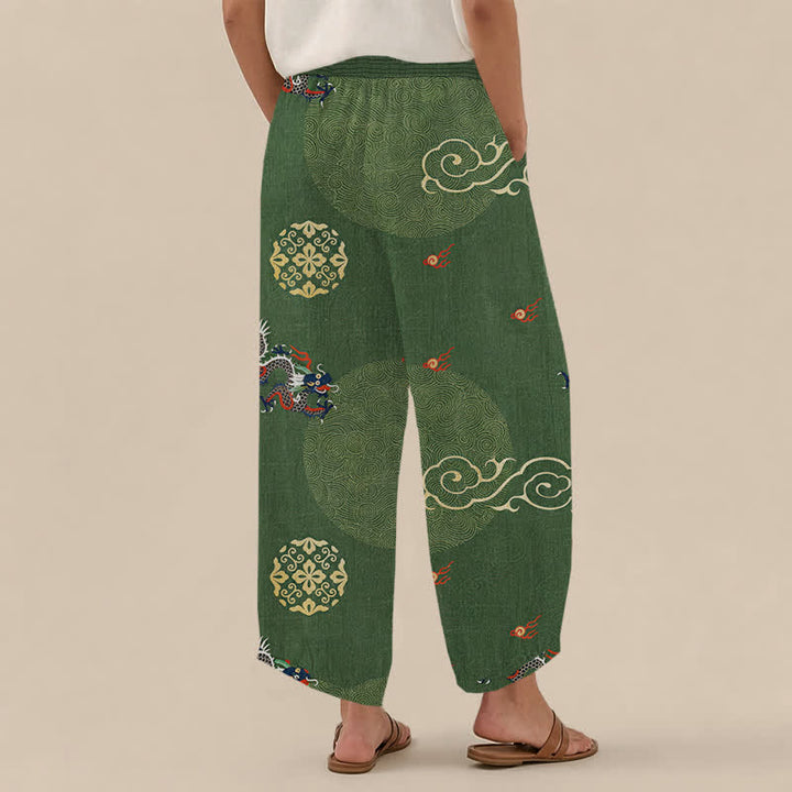 Buddha Stones Baumwoll-Haremshose im Vintage-Stil mit Drachen-Totem-Muster, Falten, elastischem Bund und Taschen - image 2