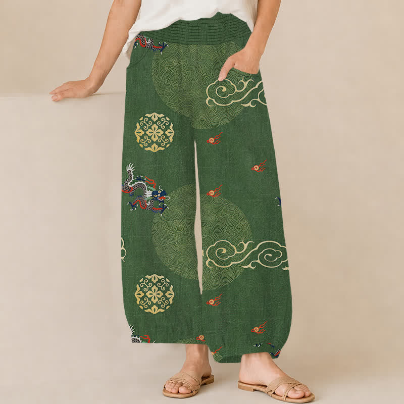 Buddha Stones Baumwoll-Haremshose im Vintage-Stil mit Drachen-Totem-Muster, Falten, elastischem Bund und Taschen - Waldgrün - US16, UK/AU20, EU48 (3XL) - image 0