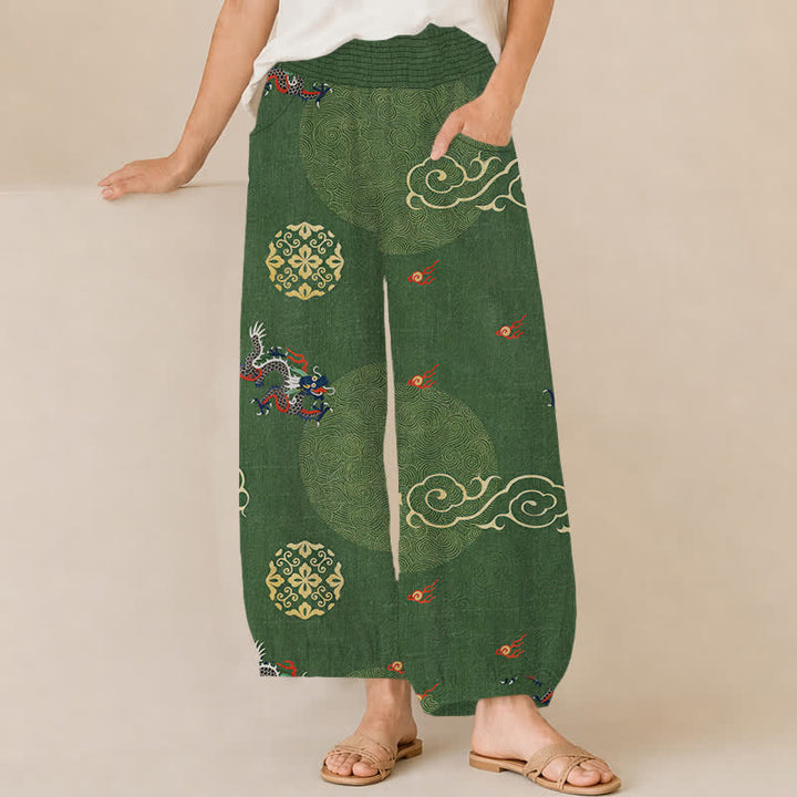 Buddha Stones Baumwoll-Haremshose im Vintage-Stil mit Drachen-Totem-Muster, Falten, elastischem Bund und Taschen - Waldgrün - US16, UK/AU20, EU48 (3XL) - image 0