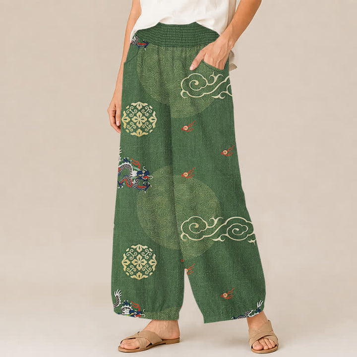 Buddha Stones Baumwoll-Haremshose im Vintage-Stil mit Drachen-Totem-Muster, Falten, elastischem Bund und Taschen - image 1