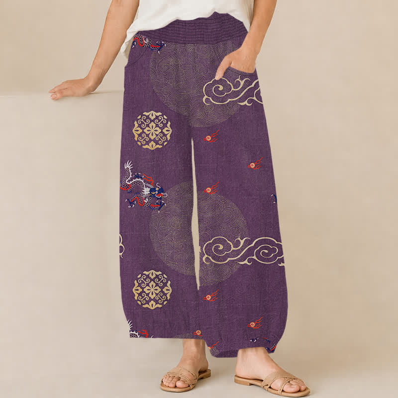 Buddha Stones Baumwoll-Haremshose im Vintage-Stil mit Drachen-Totem-Muster, Falten, elastischem Bund und Taschen - Lila - US16, UK/AU20, EU48 (3XL) - image 6