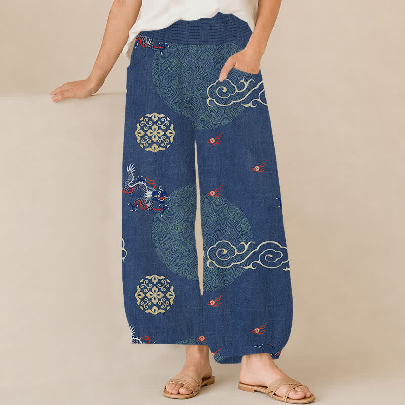 Buddha Stones Baumwoll-Haremshose im Vintage-Stil mit Drachen-Totem-Muster, Falten, elastischem Bund und Taschen - SteelBlue - US16, UK/AU20, EU48 (3XL) - image 10