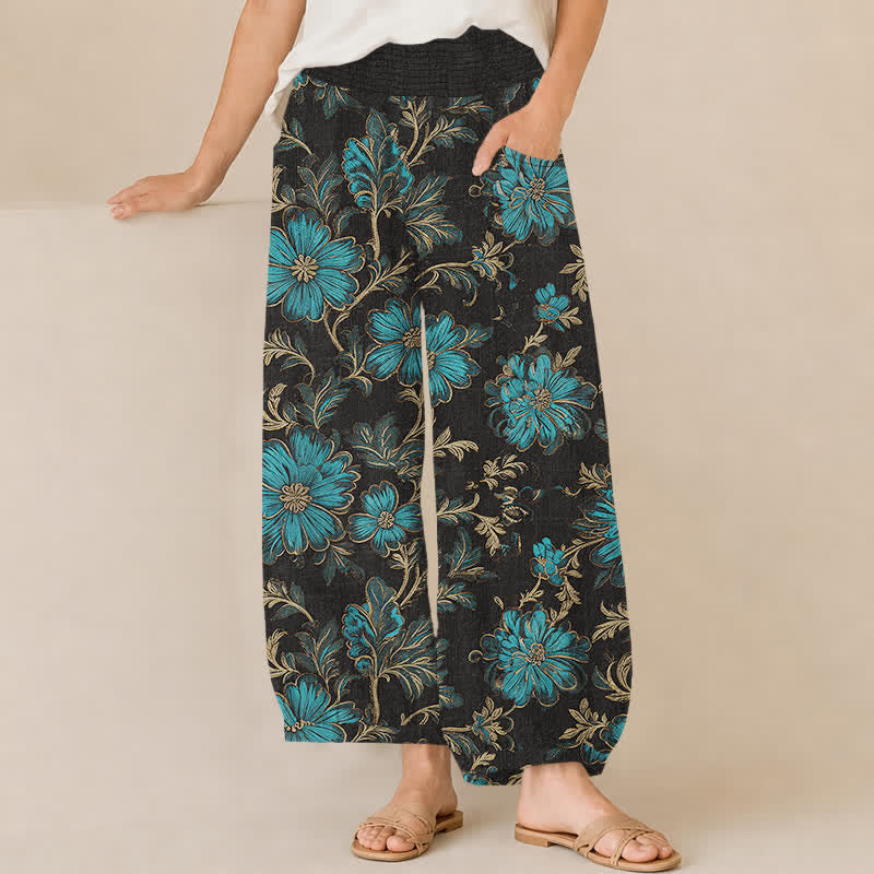Buddha Stones Baumwoll-Haremshose mit botanischem Muster „Midnight Bloom“, Falten, elastischem Bund und Taschen - Schwarz - US16, UK/AU20, EU48 (3XL) - image 0