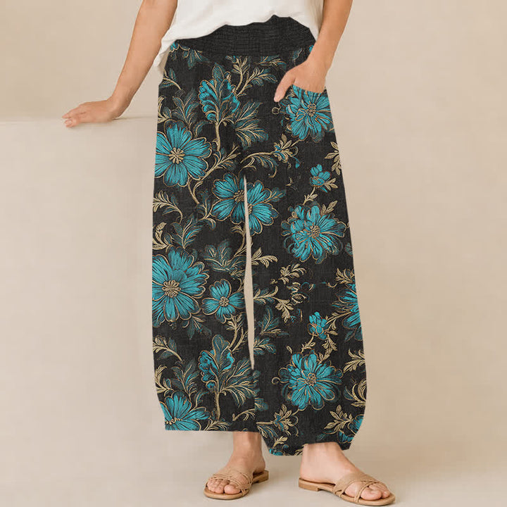 Buddha Stones Baumwoll-Haremshose mit botanischem Muster „Midnight Bloom“, Falten, elastischem Bund und Taschen - Schwarz - US16, UK/AU20, EU48 (3XL) - image 0