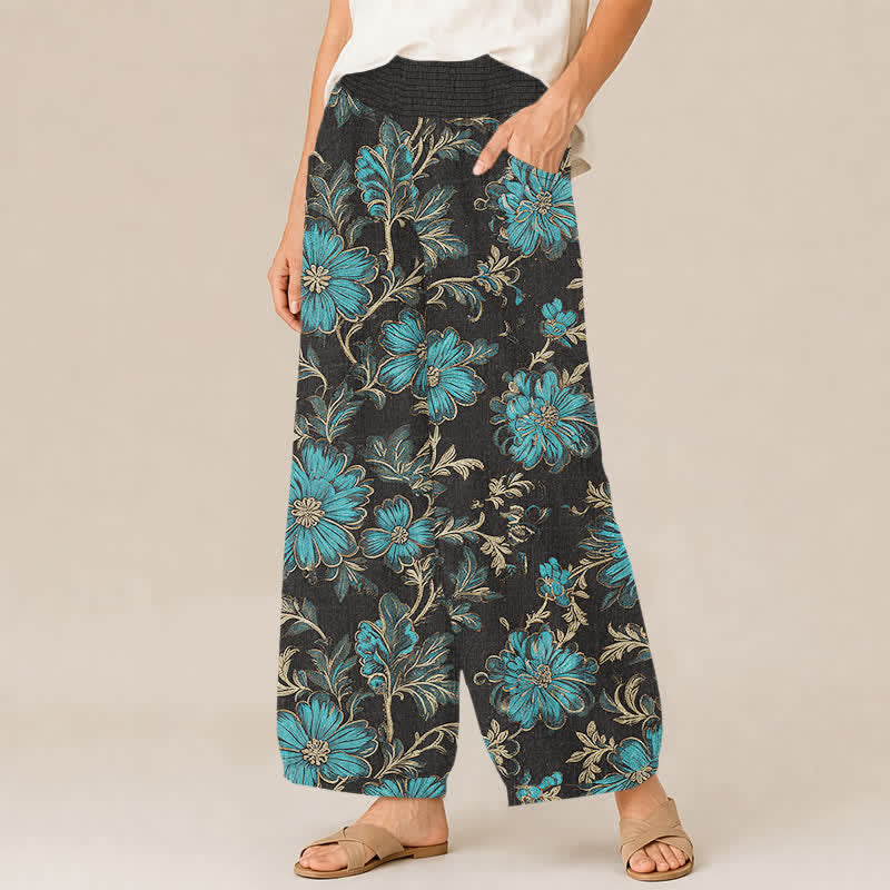 Buddha Stones Baumwoll-Haremshose mit botanischem Muster „Midnight Bloom“, Falten, elastischem Bund und Taschen - image 1