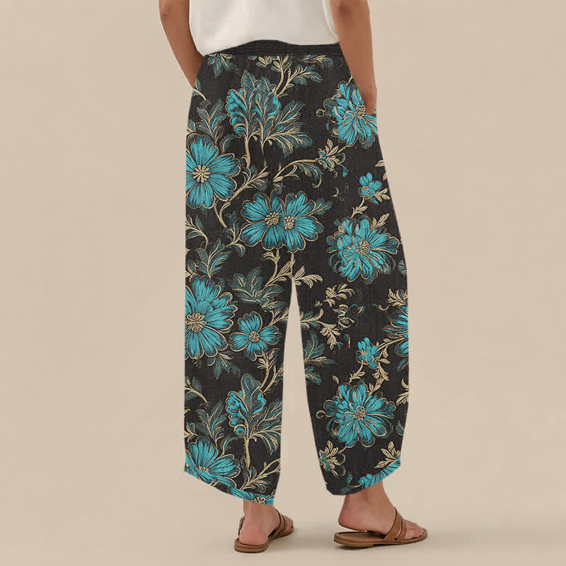 Buddha Stones Baumwoll-Haremshose mit botanischem Muster „Midnight Bloom“, Falten, elastischem Bund und Taschen - image 2