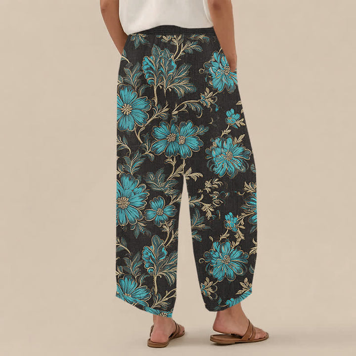 Buddha Stones Baumwoll-Haremshose mit botanischem Muster „Midnight Bloom“, Falten, elastischem Bund und Taschen - image 2