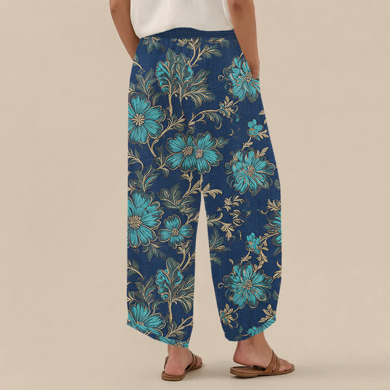 Buddha Stones Baumwoll-Haremshose mit botanischem Muster „Midnight Bloom“, Falten, elastischem Bund und Taschen - image 8