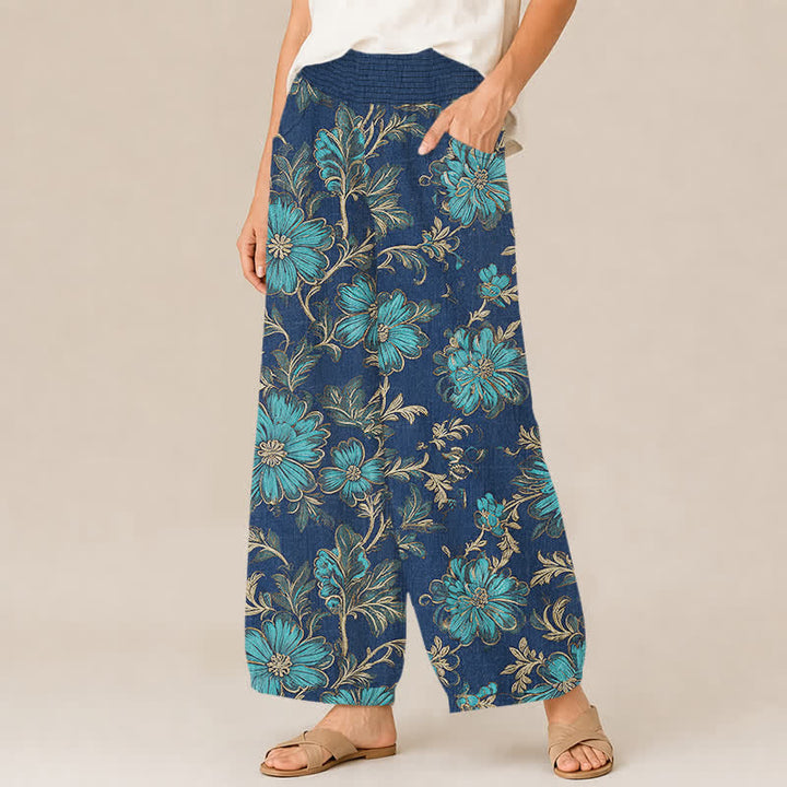 Buddha Stones Baumwoll-Haremshose mit botanischem Muster „Midnight Bloom“, Falten, elastischem Bund und Taschen - image 7