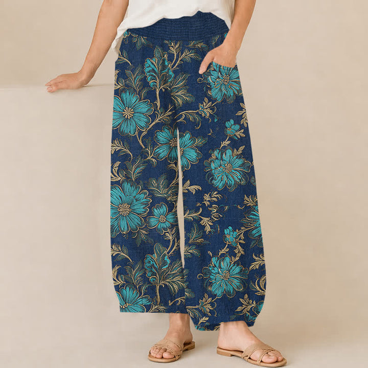 Buddha Stones Baumwoll-Haremshose mit botanischem Muster „Midnight Bloom“, Falten, elastischem Bund und Taschen - Marine - US16, UK/AU20, EU48 (3XL) - image 6