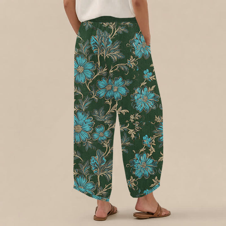 Buddha Stones Baumwoll-Haremshose mit botanischem Muster „Midnight Bloom“, Falten, elastischem Bund und Taschen - image 12