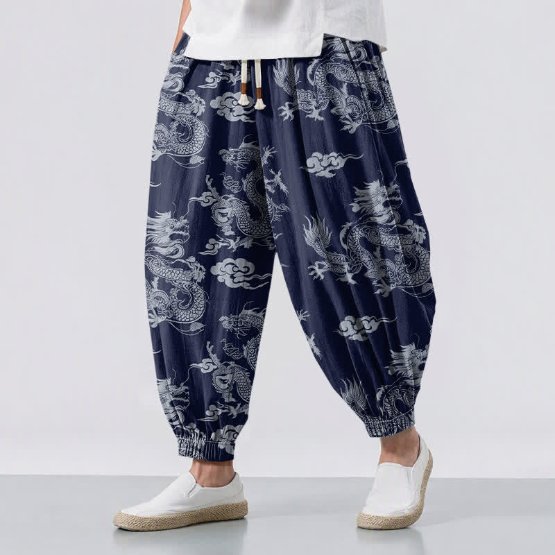 Buddha Stones Herren-Haremshose aus reiner Baumwolle mit Drachen- und Wolkenmuster, Kordelzug und Taschen - Marine - US/ UK/AU50, EU60 (5XL) - image 0
