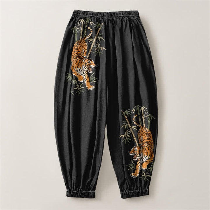Buddha Stones Herren-Haremshose aus reiner Baumwolle mit Tiger-Bambus-Muster, Kordelzug und Taschen - image 2
