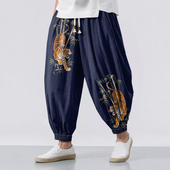 Buddha Stones Herren-Haremshose aus reiner Baumwolle mit Tiger-Bambus-Muster, Kordelzug und Taschen - Marine - US/ UK/AU50, EU60 (5XL) - image 12