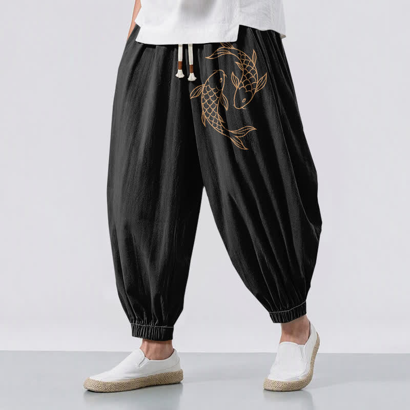 Buddha Stones Herren-Haremshose aus reiner Baumwolle mit doppeltem Koi-Fischmuster, Kordelzug und Taschen - Schwarz - US/ UK/AU50, EU60 (5XL) - image 0