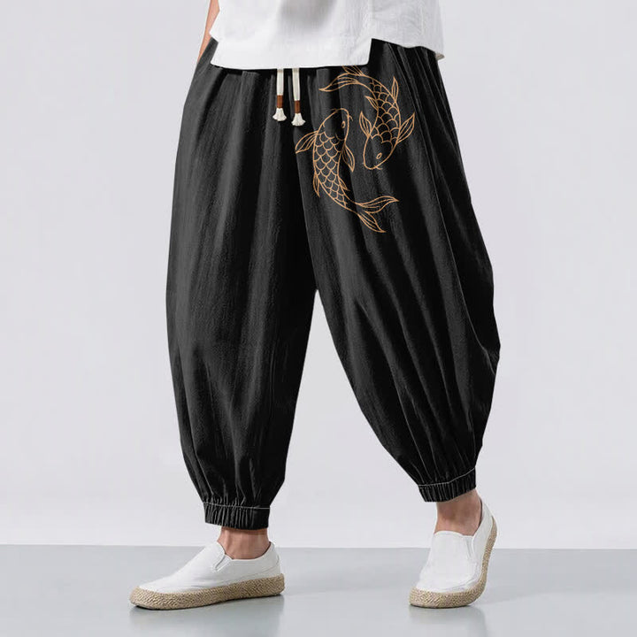 Buddha Stones Herren-Haremshose aus reiner Baumwolle mit doppeltem Koi-Fischmuster, Kordelzug und Taschen - Schwarz - US/ UK/AU50, EU60 (5XL) - image 0