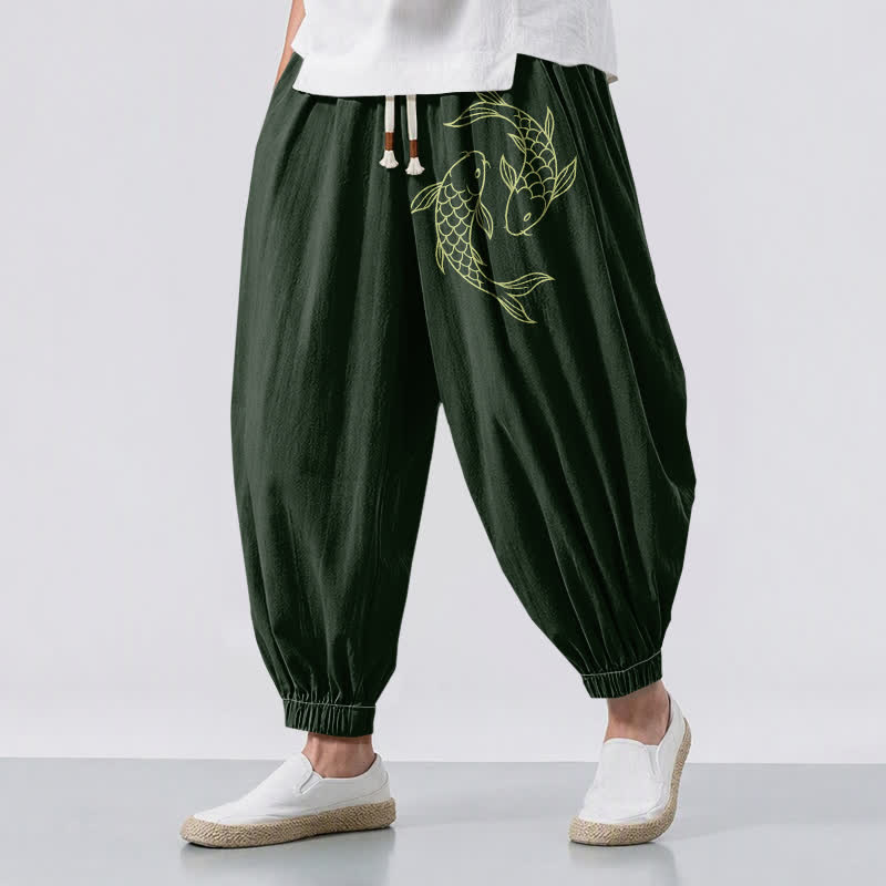 Buddha Stones Herren-Haremshose aus reiner Baumwolle mit doppeltem Koi-Fischmuster, Kordelzug und Taschen - Dunkelgrün - US/ UK/AU50, EU60 (5XL) - image 6