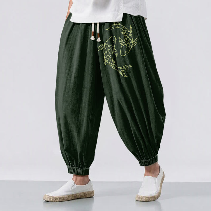Buddha Stones Herren-Haremshose aus reiner Baumwolle mit doppeltem Koi-Fischmuster, Kordelzug und Taschen - Dunkelgrün - US/ UK/AU50, EU60 (5XL) - image 6