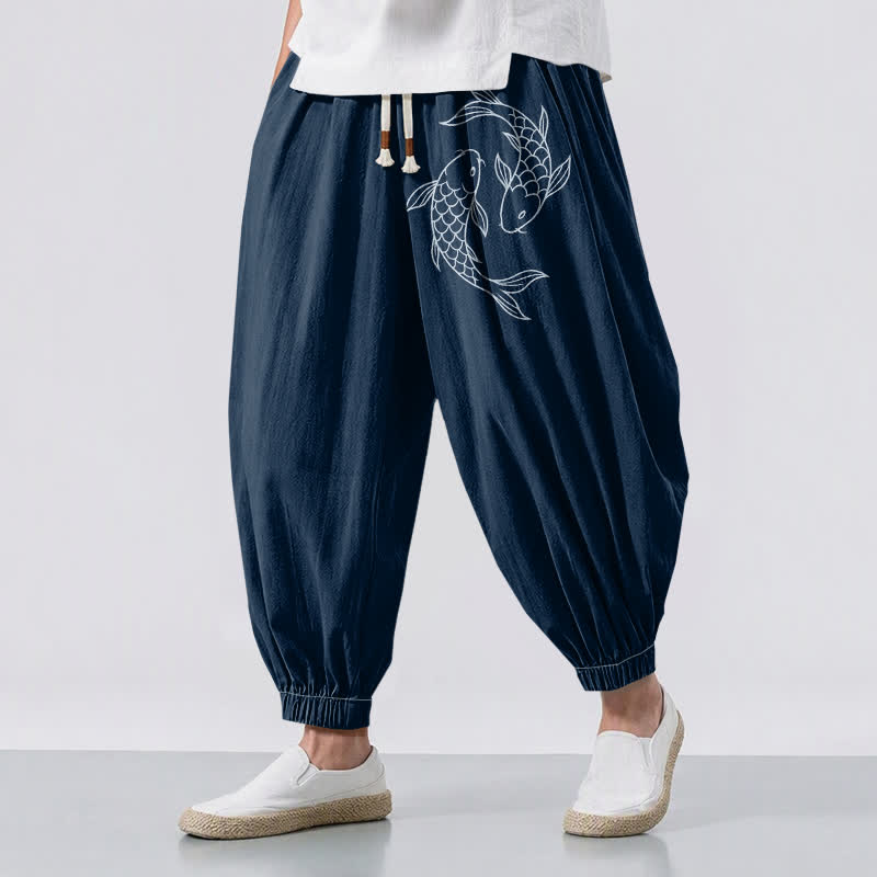 Buddha Stones Herren-Haremshose aus reiner Baumwolle mit doppeltem Koi-Fischmuster, Kordelzug und Taschen - Marine - US/ UK/AU50, EU60 (5XL) - image 12
