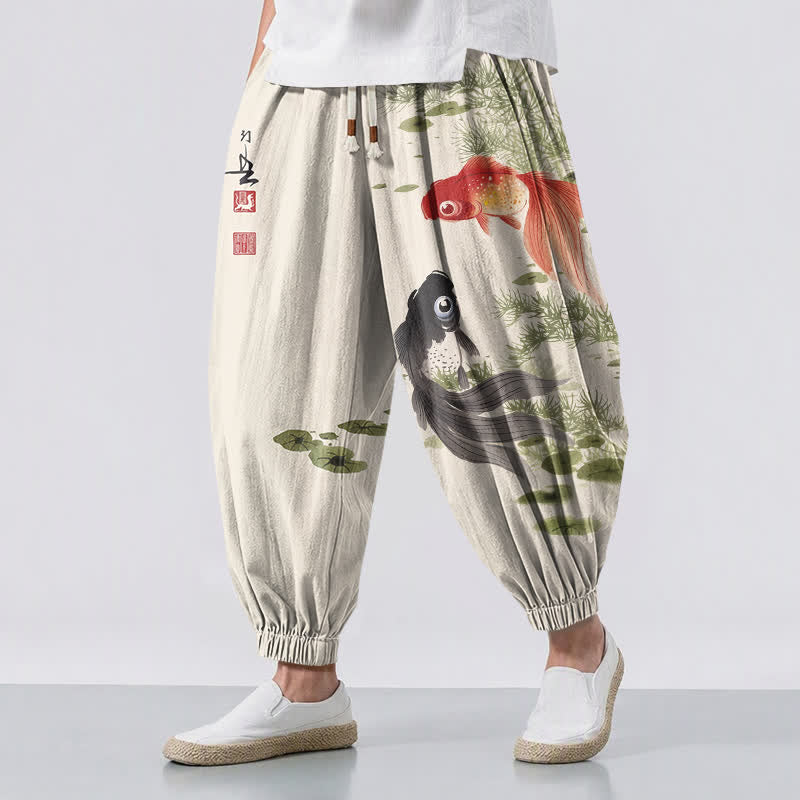 Buddha Stones Herren-Haremshose aus reiner Baumwolle mit Koi-Lotusblatt-Muster, Kordelzug und Taschen - Beige - US/ UK/AU50, EU60 (5XL) - image 0