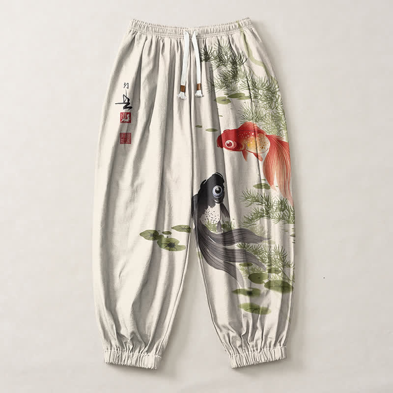 Buddha Stones Herren-Haremshose aus reiner Baumwolle mit Koi-Lotusblatt-Muster, Kordelzug und Taschen - image 1