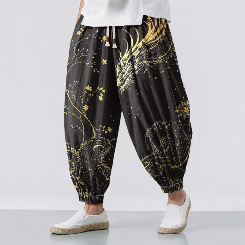 Buddha Stones Herren-Haremshose aus reiner Baumwolle mit goldenem Drachen- und Wolkenmuster, Kordelzug und Taschen - Schwarz - US/ UK/AU50, EU60 (5XL) - image 0
