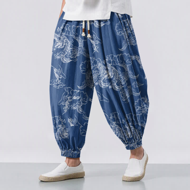 Buddha Stones Herren-Haremshose aus reiner Baumwolle mit weißem Drachen- und Wolkenmuster, Kordelzug und Taschen - SteelBlue - US/ UK/AU50, EU60 (5XL) - image 0