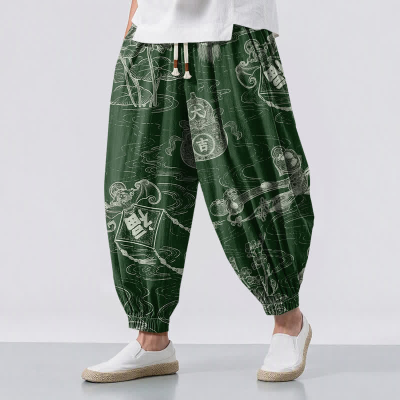 Buddha Stones Herren-Haremshose aus reiner Baumwolle mit Glückswolken- und Münzmuster, Kordelzug und Taschen - Waldgrün - US/ UK/AU50, EU60 (5XL) - image 0