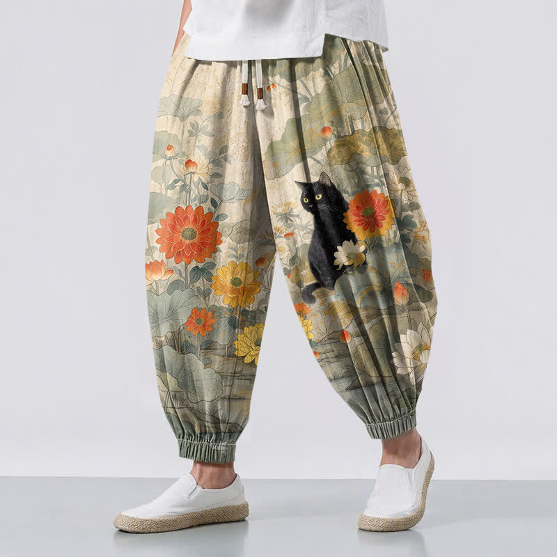 Buddha Stones Haremshose für Herren aus reiner Baumwolle mit Vintage-Blumenmuster (Lotuskatze) und Kordelzug, mit Taschen - Beige - US/ UK/AU50, EU60 (5XL) - image 0