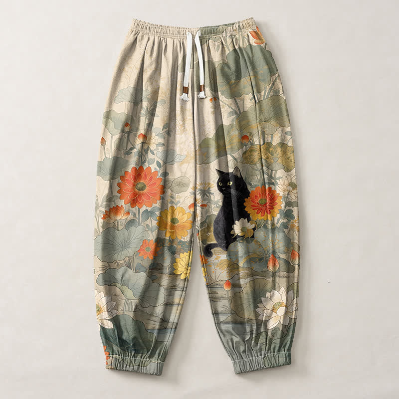 Buddha Stones Haremshose für Herren aus reiner Baumwolle mit Vintage-Blumenmuster (Lotuskatze) und Kordelzug, mit Taschen - image 1