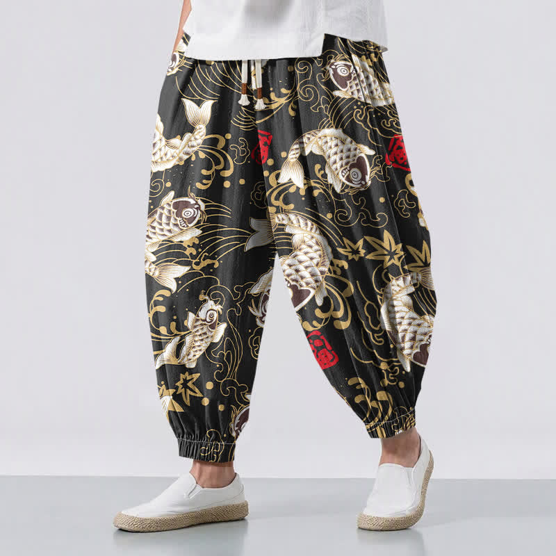 Buddha Stones Herren-Haremshose aus reiner Baumwolle mit Koi-Fisch- und Wellenmuster, Kordelzug und Taschen - Schwarz - US/ UK/AU50, EU60 (5XL) - image 0
