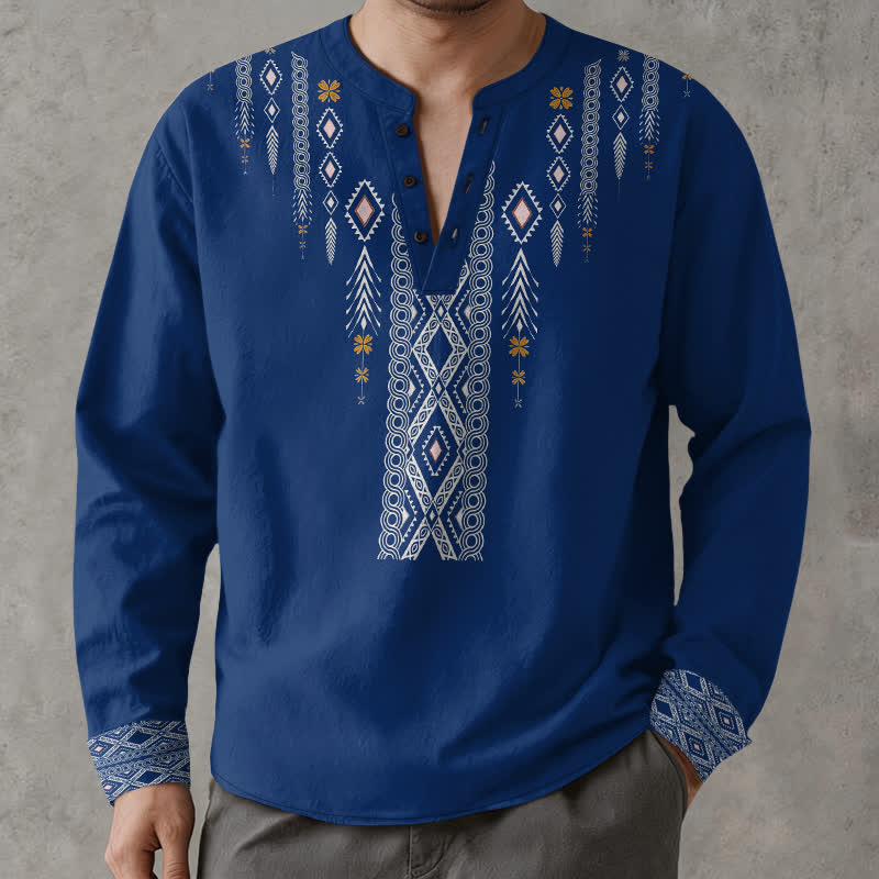 Buddha Stones Baumwollhemd mit V-Ausschnitt, Knöpfen und geometrischem Rautenmuster im Ethno-Stil – Herren-Langarmhemd - Königsblau - US/ UK/AU48, EU58 (4XL) - image 0