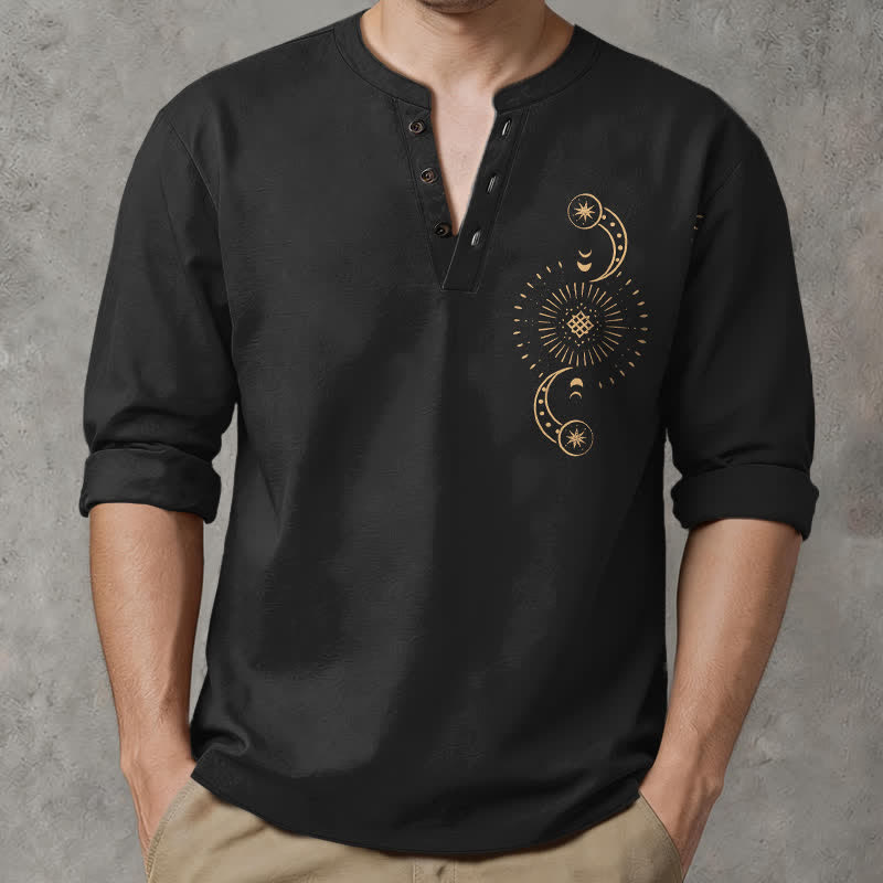 Buddha Stones Baumwollhemd mit himmlischem Sonnen- und Mondmuster, V-Ausschnitt, Knöpfen, Langarm, Herren - Schwarz - US/ UK/AU48, EU58 (4XL) - image 0