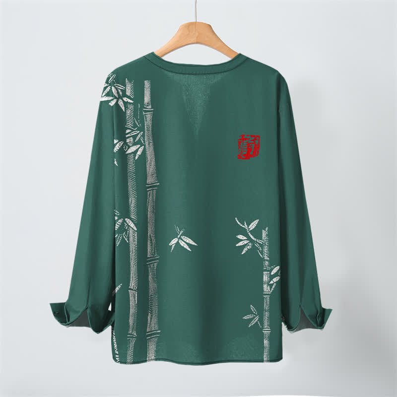 Buddha Stones Baumwollhemd, weiß, mit Bambusmuster, V-Ausschnitt und Knöpfen, langärmlig, für Herren - image 10