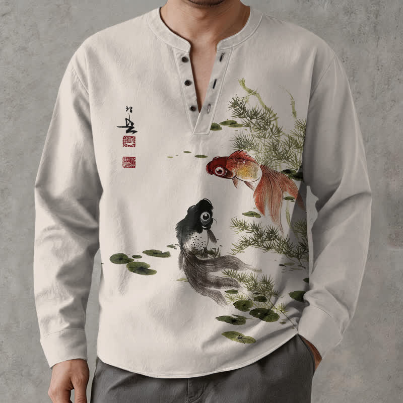 Buddha Stones Baumwollhemd mit Koi-Fisch- und Lotusblatt-Grasmuster, V-Ausschnitt und Knöpfen, langärmlig - Leinen - US/ UK/AU48, EU58 (4XL) - image 0