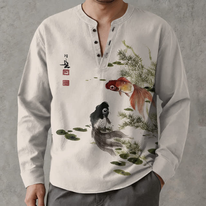 Buddha Stones Baumwollhemd mit Koi-Fisch- und Lotusblatt-Grasmuster, V-Ausschnitt und Knöpfen, langärmlig - Leinen - US/ UK/AU48, EU58 (4XL) - image 0