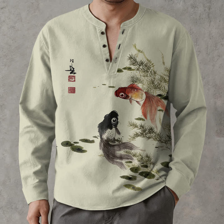 Buddha Stones Baumwollhemd mit Koi-Fisch- und Lotusblatt-Grasmuster, V-Ausschnitt und Knöpfen, langärmlig - Honigmelone - US/ UK/AU48, EU58 (4XL) - image 7