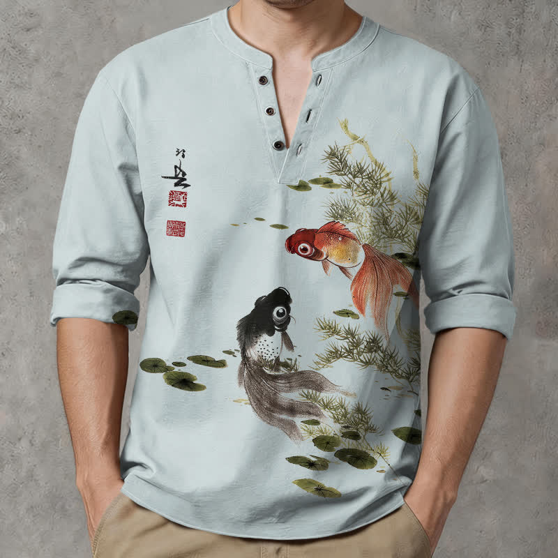 Buddha Stones Baumwollhemd mit Koi-Fisch- und Lotusblatt-Grasmuster, V-Ausschnitt und Knöpfen, langärmlig - image 15