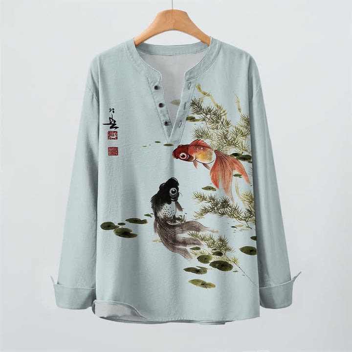 Buddha Stones Baumwollhemd mit Koi-Fisch- und Lotusblatt-Grasmuster, V-Ausschnitt und Knöpfen, langärmlig - image 16