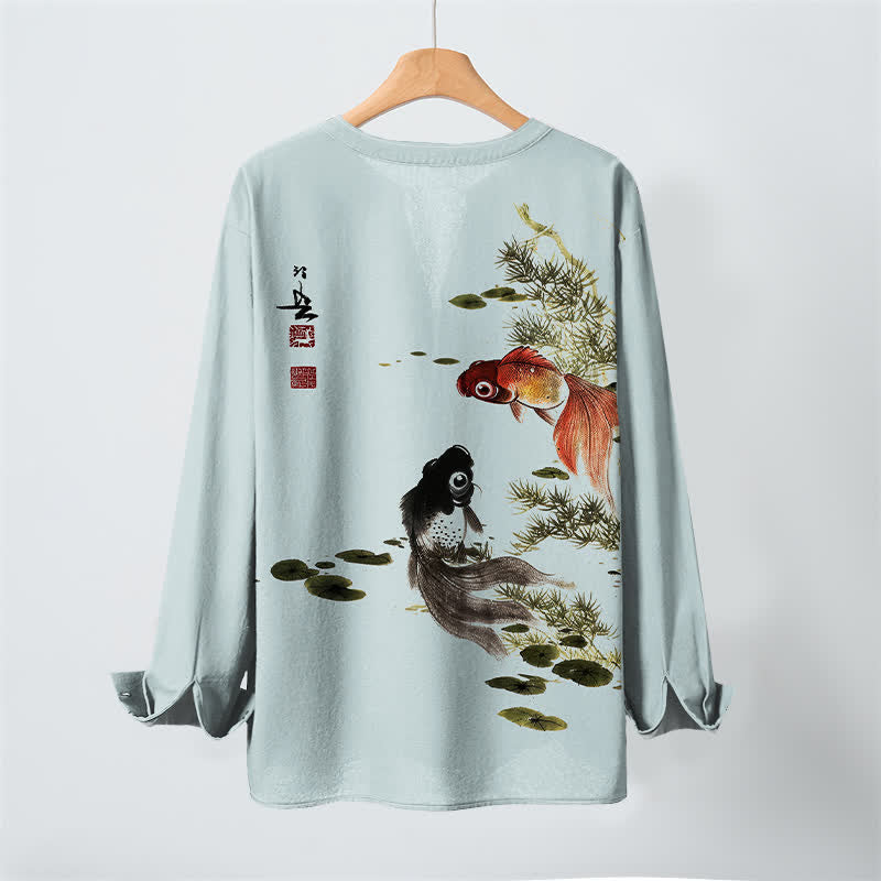 Buddha Stones Baumwollhemd mit Koi-Fisch- und Lotusblatt-Grasmuster, V-Ausschnitt und Knöpfen, langärmlig - image 17