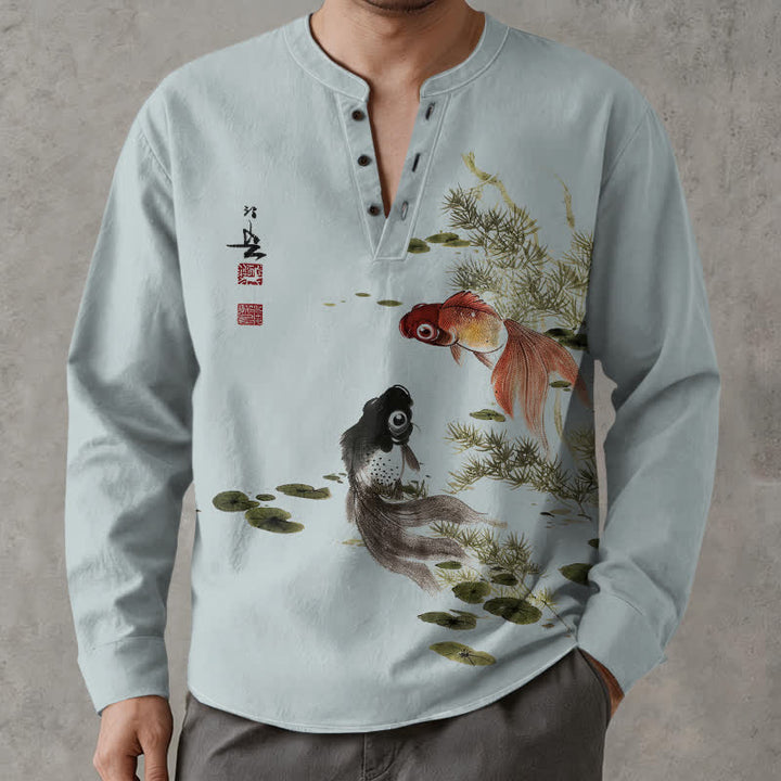Buddha Stones Baumwollhemd mit Koi-Fisch- und Lotusblatt-Grasmuster, V-Ausschnitt und Knöpfen, langärmlig - Hellblau - US/ UK/AU48, EU58 (4XL) - image 14