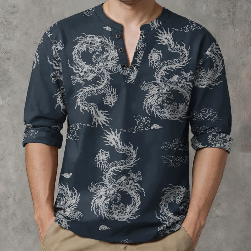 Buddha Stones Baumwollhemd mit orientalischem Muster, weißem Drachen- und Wolkenmuster, V-Ausschnitt und Knöpfen, langärmlig, für Herren - Marine - US/ UK/AU48, EU58 (4XL) - image 0