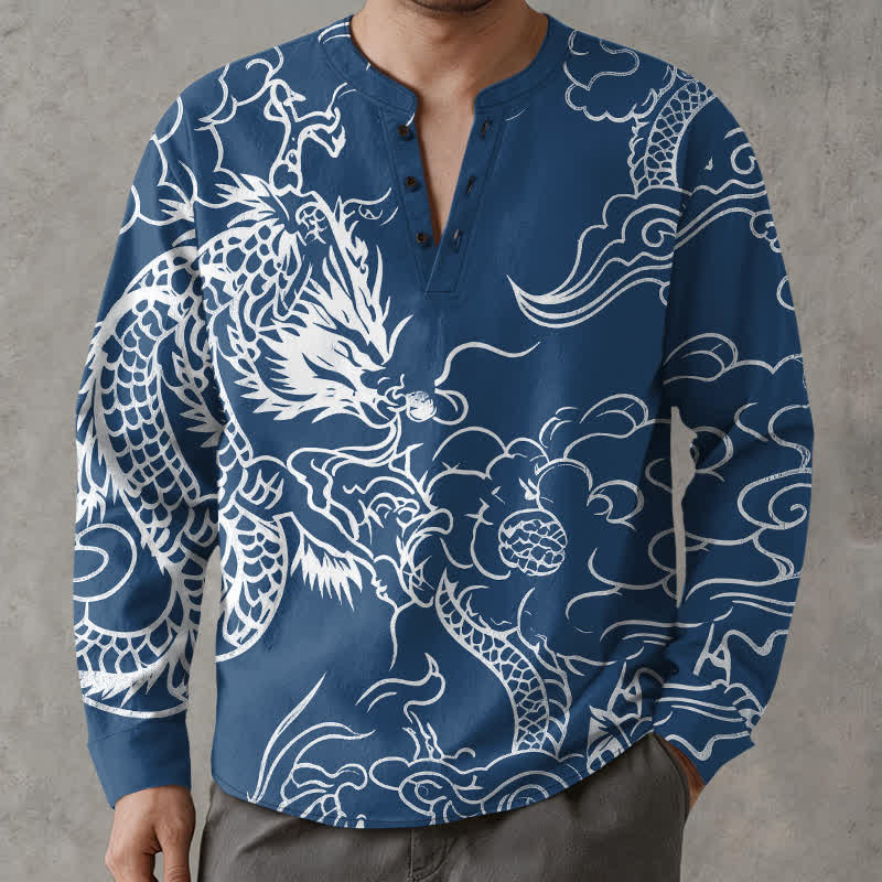 Buddha Stones Herren-Langarmhemd aus Baumwolle mit chinesischem Drachen- und Wolkenmuster, V-Ausschnitt und Knöpfen - Königsblau - US/ UK/AU48, EU58 (4XL) - image 0